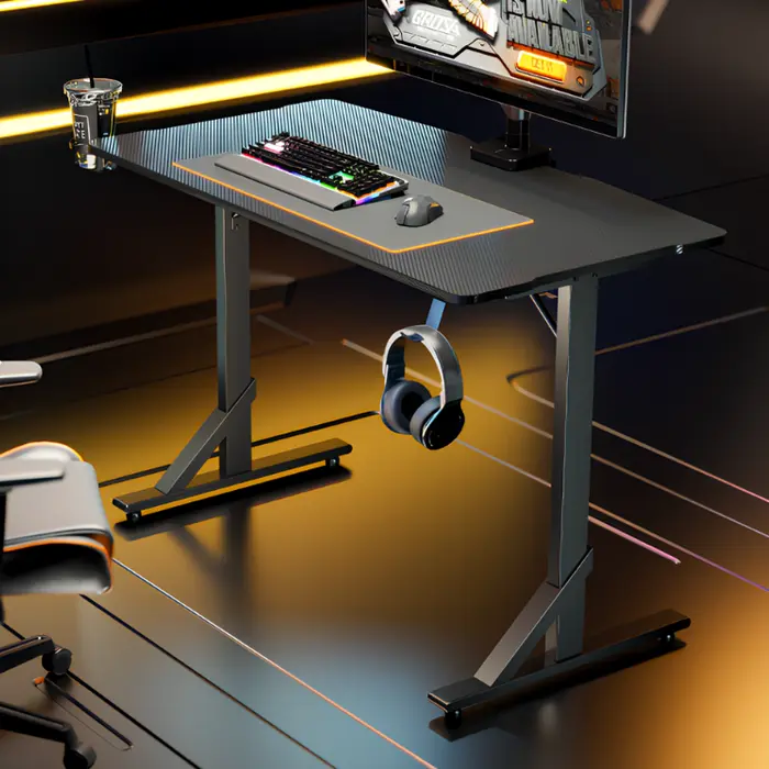 Birou Gaming Lumi GMD11E-2, 1120 x 600 x 750 mm, Negru, MDF și Oțel, cu suport pentru pahar și cârlig pentru căști, Capacitate 100 kg
