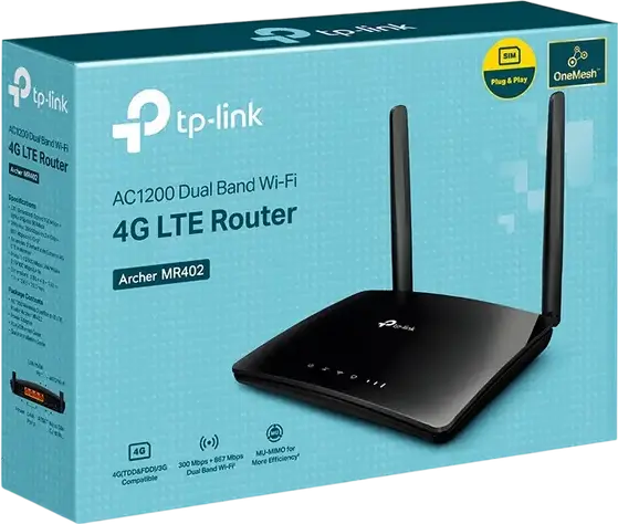 Router TP-Link Archer MR402 AC1200 Wireless Dual Band 4G LTE, Viteza 150 Mbps LTE, Wi-Fi 867 Mbps, OneMesh, Slot Nano SIM, Antene Detasabile, Negru