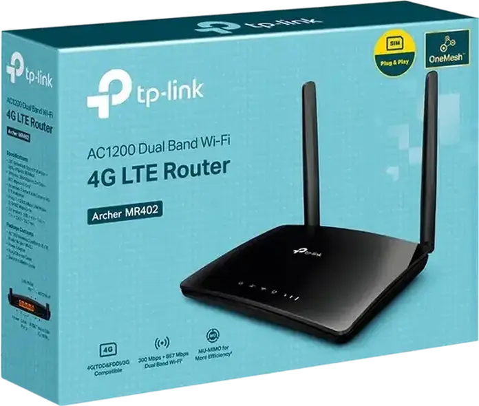 Router TP-Link Archer MR402 AC1200 Wireless Dual Band 4G LTE, Viteza 150 Mbps LTE, Wi-Fi 867 Mbps, OneMesh, Slot Nano SIM, Antene Detasabile, Negru