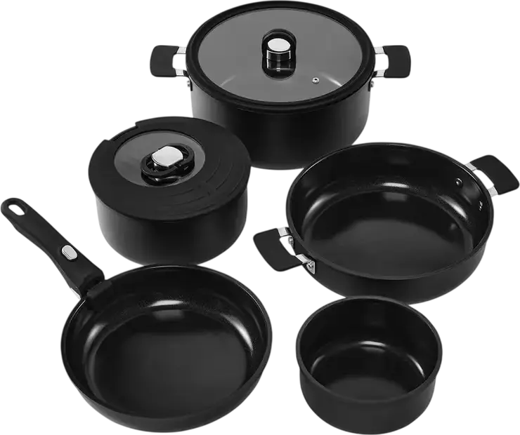 Resto 95800 Save & Stock Cookware Set, 8 Pieces, Non-Stick Aluminium Pots and Frying Pans with Removable Handle, Glass Lids, Induction Compatible, Black
