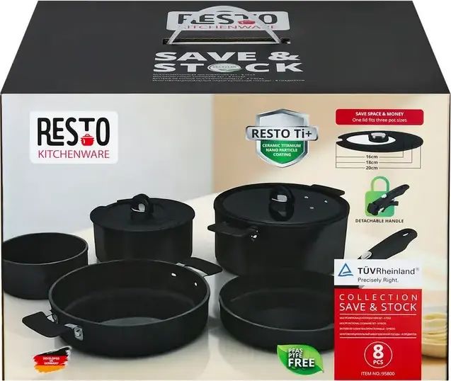 Resto 95800 Save & Stock Cookware Set, 8 Pieces, Non-Stick Aluminium Pots and Frying Pans with Removable Handle, Glass Lids, Induction Compatible, Black