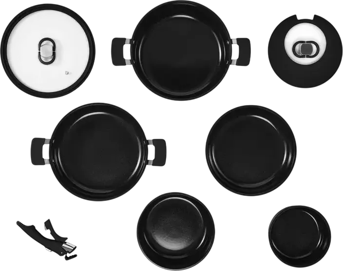 Resto 95800 Save & Stock Cookware Set, 8 Pieces, Non-Stick Aluminium Pots and Frying Pans with Removable Handle, Glass Lids, Induction Compatible, Black