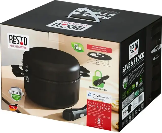Resto 95800 Save & Stock Cookware Set, 8 Pieces, Non-Stick Aluminium Pots and Frying Pans with Removable Handle, Glass Lids, Induction Compatible, Black