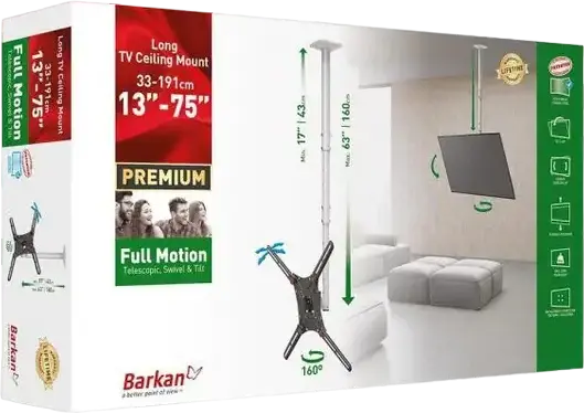Suport de Plafon TV Barkan 4500L cu Mișcare Completă, Negru, pentru Ecrane 13"-86", Capacitate Max 56kg, Înălțime Telescopică 43-160cm, VESA până la 600x400mm