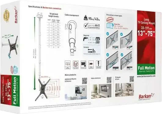 Suport de Plafon TV Barkan 4500L cu Mișcare Completă, Negru, pentru Ecrane 13"-86", Capacitate Max 56kg, Înălțime Telescopică 43-160cm, VESA până la 600x400mm
