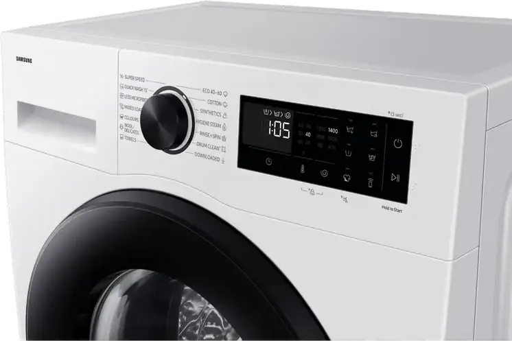Samsung WW90DG5G34AELE Front-Load Washing Machine, 9kg, Energy Class A, 1400 rpm, AI Ecobubble, SpaceMax, Digital Inverter, SmartThings Wi-Fi, White/Black