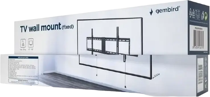 Gembird WM-90F-01 Fixed TV Wall Mount for 43-90 Inch Screens, VESA up to 800x400mm, 70kg Max Load, Steel, Black, with Automatic Spring Locks