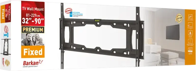 Barkan E400+ Fixed TV Wall Mount for 13"-90" Screens, VESA up to 600x400mm, 100kg Load Capacity, Auto-Locking Safety Mechanism, Metal, Black