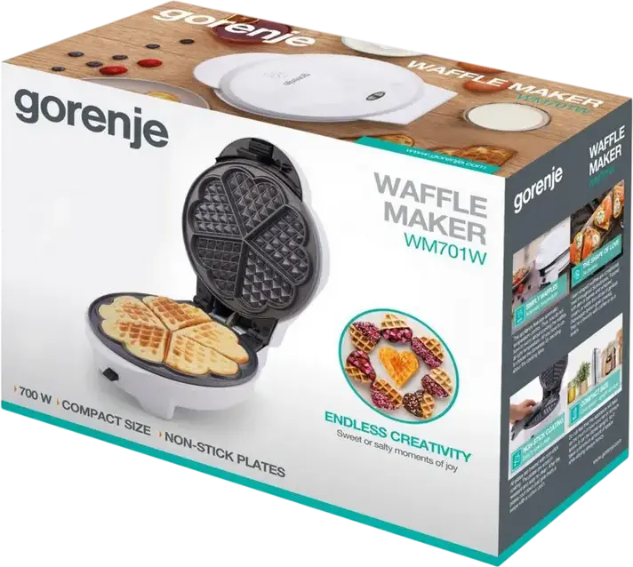 Gorenje WM701W Waffle Maker, 700W, Heart-shaped Non-stick Removable Plates, 5 Portions Capacity, Automatic Temperature Control, White