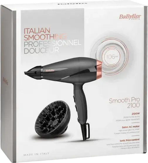 Профессиональный фен BaByliss Smooth Pro 6709DE, 2100 Вт, AC-мотор, ионизация для контроля пушистости, керамический нагреватель, диффузор и концентратор