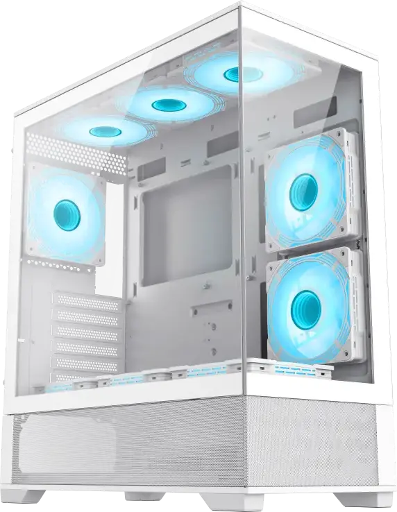 Carcasa Gaming Gamemax VISTA Midi-Tower, Alb, Sticla Temperata Frontala si Laterala, Suport E-ATX, 6 Ventilatoare 120mm ARGB, Hub ARGB V4.0, USB-C