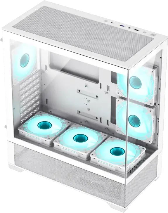 Carcasa Gaming Gamemax VISTA Midi-Tower, Alb, Sticla Temperata Frontala si Laterala, Suport E-ATX, 6 Ventilatoare 120mm ARGB, Hub ARGB V4.0, USB-C