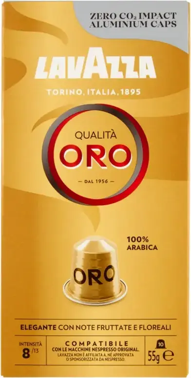 Capsule de Cafea Lavazza Qualità Oro pentru Aparate Nespresso Original, 100% Arabica, Intensitate 8/13, Note Fructate și Florale, Capsule Aluminiu