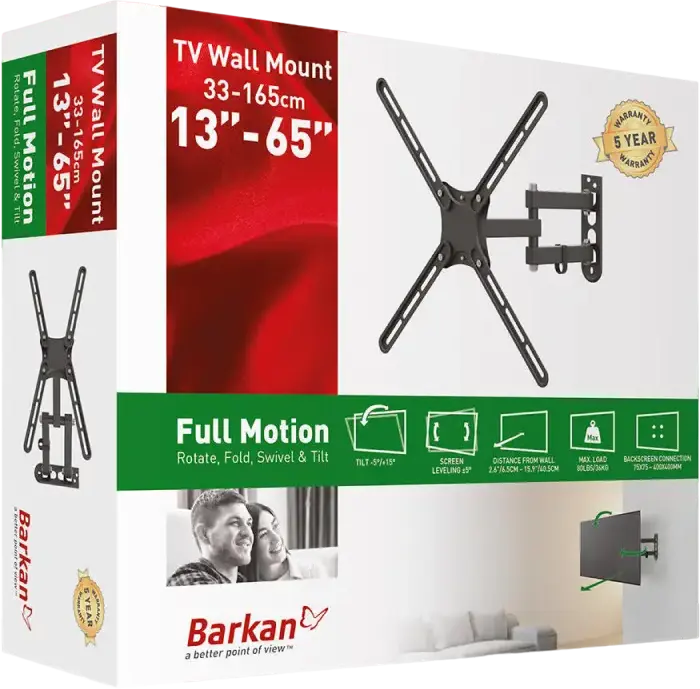 Кронштейн для ТВ с полным наклоном Barkan E3433 для экранов 13"-65", VESA до 400x400мм, нагрузка 36кг, наклон -5°/+15°, поворотный, черный металл