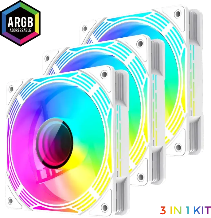 Gamemax KF300 White ARGB Case Fan Kit, 4x 120mm PWM Fans FN12A-C8I-W, Hydraulic Bearing, V4.0 ARGB Hub, RF Remote, Aura Sync, 800-1600 RPM