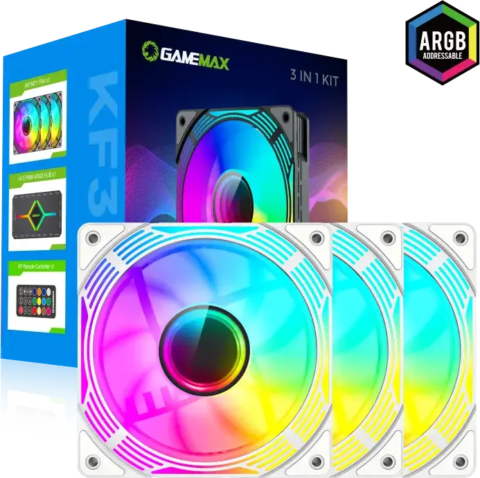 Gamemax KF300 White ARGB Case Fan Kit, 4x 120mm PWM Fans FN12A-C8I-W, Hydraulic Bearing, V4.0 ARGB Hub, RF Remote, Aura Sync, 800-1600 RPM