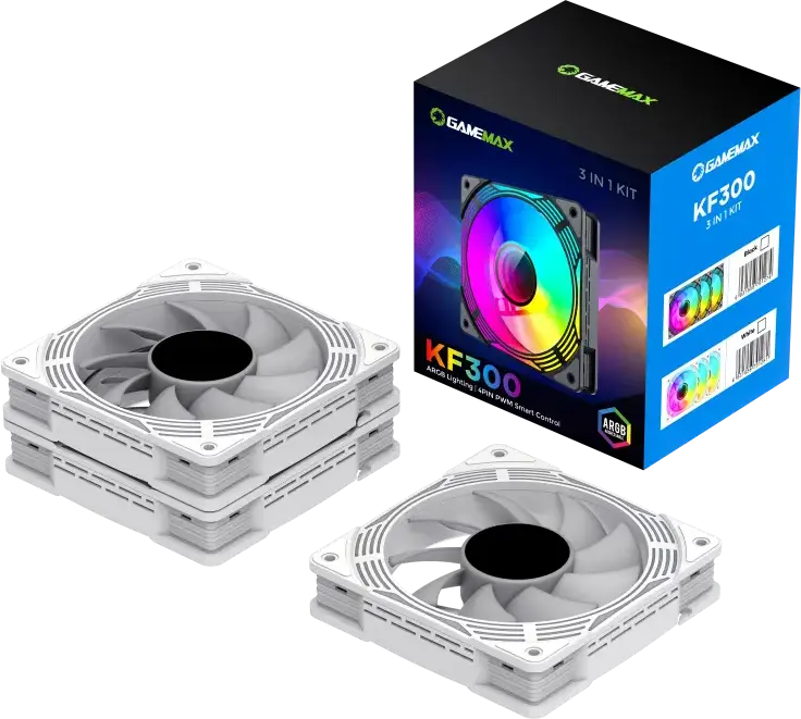 Gamemax KF300 White ARGB Case Fan Kit, 4x 120mm PWM Fans FN12A-C8I-W, Hydraulic Bearing, V4.0 ARGB Hub, RF Remote, Aura Sync, 800-1600 RPM