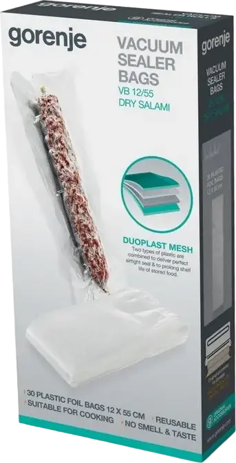 Pungi pentru vidare Gorenje VB 12/55, material Duoplast Mesh etanș, transparente și reutilizabile pentru alimente lungi și salam, 12 x 55 cm