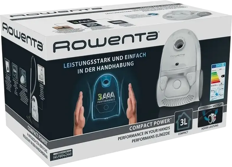 Rowenta Compact Power RO3927EA Cylinder Vacuum Cleaner, 750W EffiTech Motor, Bagged (3L), 2-Level Filtration, Telescopic Metal Tube, White
