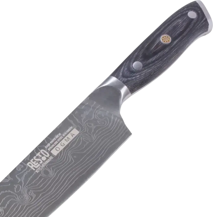 Resto Ogma 95340 Chef Knife, 20 cm High-Carbon Stainless Steel SCR1980V Blade, Bakelite Handle, Laser Waved Pattern, Antibacterial Surface, Grey