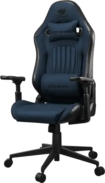 Игровое кресло Cougar Explore, цвет Navy Blue F, дышащая кожа ПВХ и PU, 3D регулируемые подлокотники, наклон 155 градусов, стальной каркас, поясничная поддержка, до 120 кг