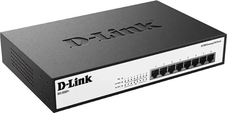 Switch PoE D-Link DES-1008P+ Neadministrat, 8 Porturi 10/100 Mbps, Buget Putere 140W, IEEE 802.3af/at, Montare Rack/Desktop, Carcasă Oțel, Negru