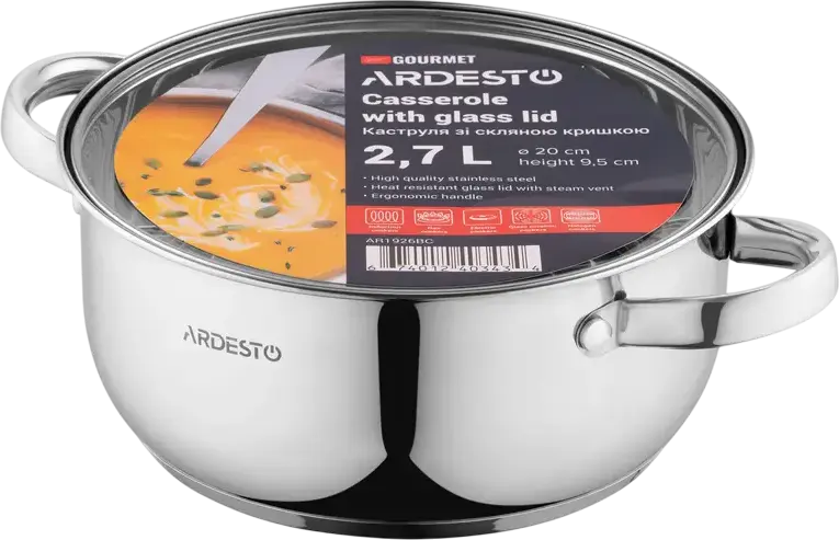 Ardesto AR1926BC Gemini Gourmet Aosta Stainless Steel Casserole Pot 2.7L 20cm with Glass Lid and Internal Measuring Scale Induction Compatible