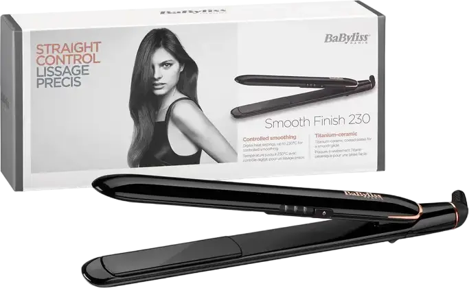 Выпрямитель для волос BaByliss Smooth Finish ST250E, титано-керамические пластины 25x110мм, регулировка температуры 180-230°C, поворотный шнур, автоотключение, черный