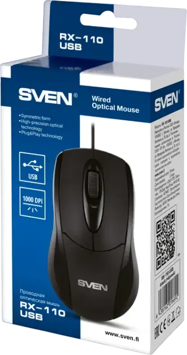 SVEN RX-110 Wired Optical Mouse, 1000 DPI High-Precision Sensor, 3 Buttons, USB/PS2 Interface, Ambidextrous Symmetric Design, Black