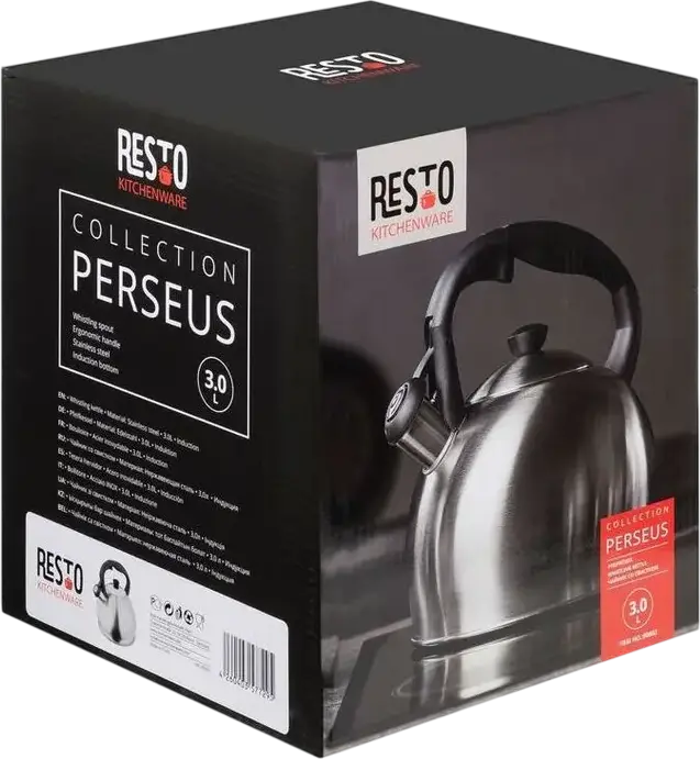 Resto 90602 Perseus Whistling Kettle, 3L Stainless Steel, Multi-layer Capsule Bottom for Induction, Gas, Electric, Halogen, VitroCeramic, Grey