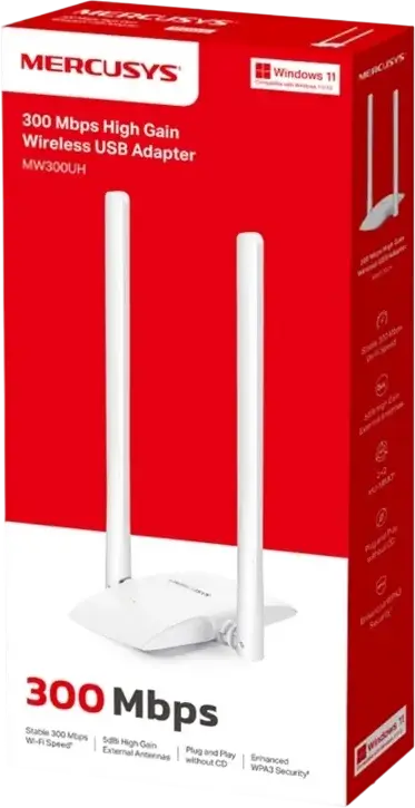Adaptor USB Wireless Mercusys MW300UH, Wi-Fi 300 Mbps, 2.4 GHz, Doua Antene Externe High Gain 5dBi, 2x2 MIMO, Securitate WPA3, Compatibil Windows