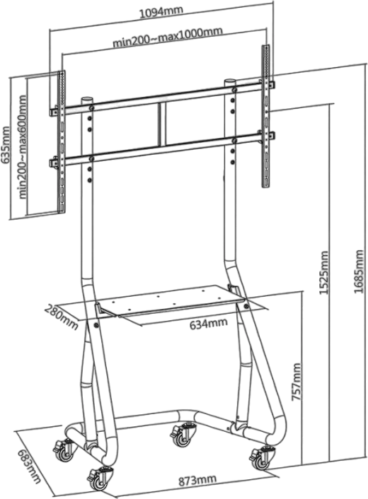 Reflecta TV Stand 105P-Shelf Mobile Cart for 60"-105" Screens, Max Load 100kg, VESA up to 1000x600, Storage Shelf, Cable Management, Black Steel