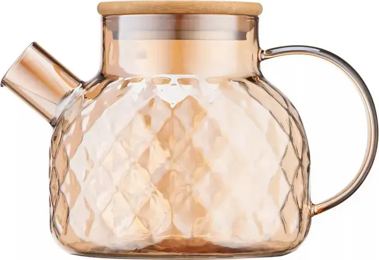 Ardesto AR3010GBH Golden Moon Borosilicate Glass Teapot, 1L Capacity, Gold Color, Bamboo Lid, Diamond Pattern, Heat Resistant, Dishwasher Safe