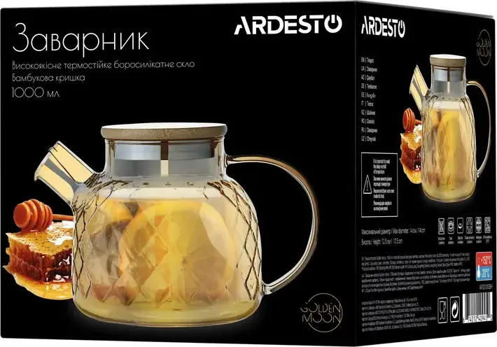 Ardesto AR3010GBH Golden Moon Borosilicate Glass Teapot, 1L Capacity, Gold Color, Bamboo Lid, Diamond Pattern, Heat Resistant, Dishwasher Safe