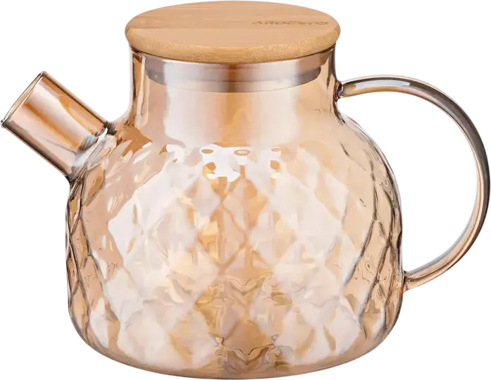 Ardesto AR3010GBH Golden Moon Borosilicate Glass Teapot, 1L Capacity, Gold Color, Bamboo Lid, Diamond Pattern, Heat Resistant, Dishwasher Safe