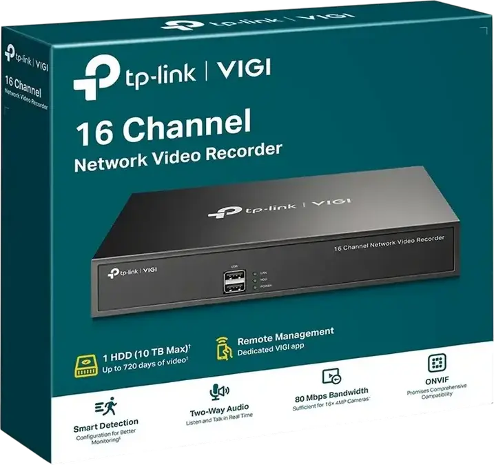 TP-Link VIGI NVR1016H 16-Channel Network Video Recorder, 8MP Max Resolution, H.265+ Compression, 10TB SATA HDD Support, HDMI/VGA, ONVIF, VIGI App
