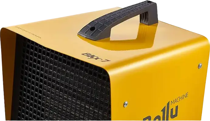 Ballu BKX-7 Industrial Fan Heater, 5000W Power, 2.5-5 kW Range, Metal-Ceramic Element, 300 m3/h Airflow, Thermostat, Floor Installation, Yellow