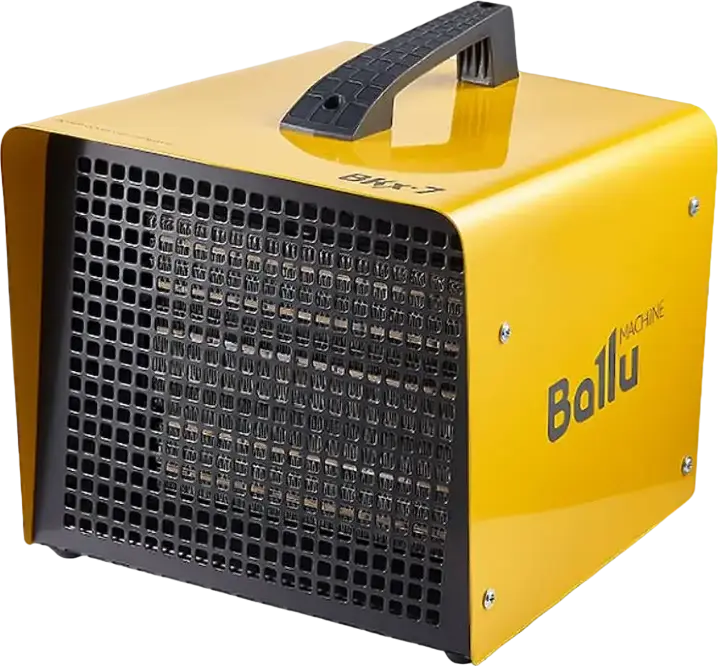 Ballu BKX-7 Industrial Fan Heater, 5000W Power, 2.5-5 kW Range, Metal-Ceramic Element, 300 m3/h Airflow, Thermostat, Floor Installation, Yellow