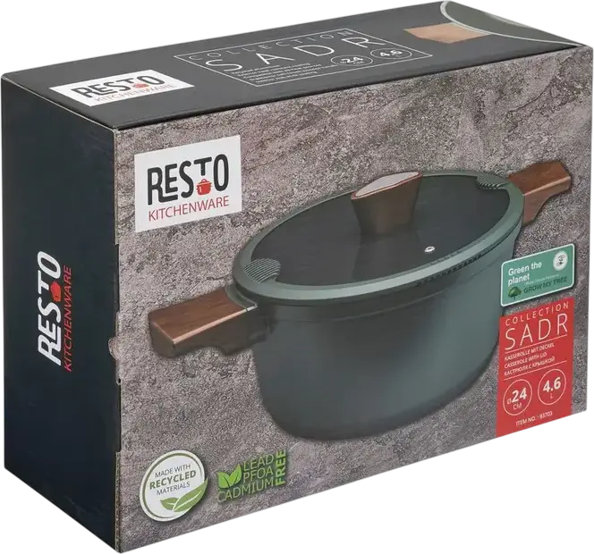 Oala cu capac de sticla RESTO Kitchenware 93703 SADR din aluminiu, strat non-stick Queenhome, 24 cm, 4.6 L, compatibila cu inductie, verde