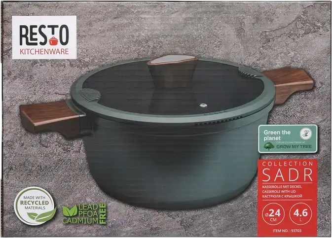 Oala cu capac de sticla RESTO Kitchenware 93703 SADR din aluminiu, strat non-stick Queenhome, 24 cm, 4.6 L, compatibila cu inductie, verde