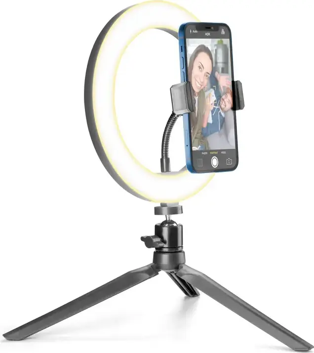 Cellularline Selfie Ring SELFIERINGK Inel LED cu Trepied, Diametru 8 inch, 3 Moduri de Iluminare, Alimentare USB, Suport Smartphone Rotabil, Negru