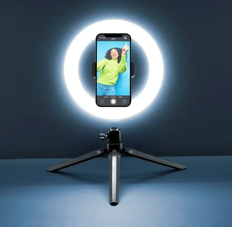 Cellularline Selfie Ring SELFIERINGK Inel LED cu Trepied, Diametru 8 inch, 3 Moduri de Iluminare, Alimentare USB, Suport Smartphone Rotabil, Negru
