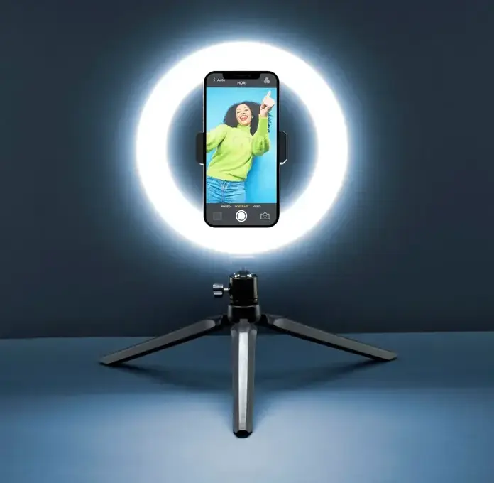 Cellularline Selfie Ring SELFIERINGK Inel LED cu Trepied, Diametru 8 inch, 3 Moduri de Iluminare, Alimentare USB, Suport Smartphone Rotabil, Negru