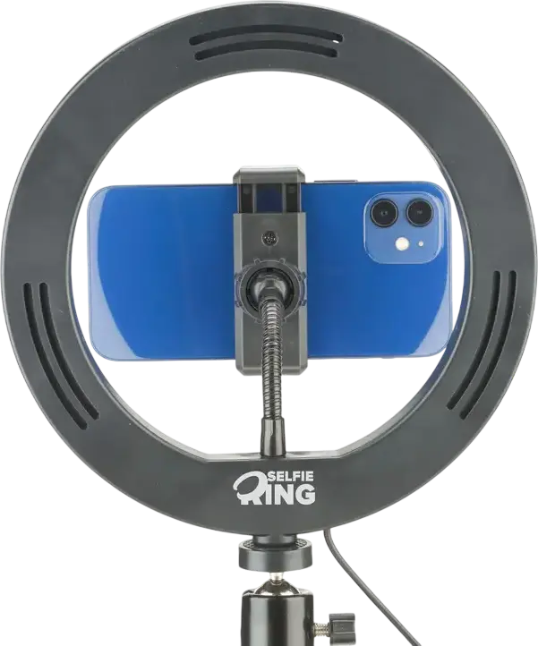 Cellularline Selfie Ring SELFIERINGK Inel LED cu Trepied, Diametru 8 inch, 3 Moduri de Iluminare, Alimentare USB, Suport Smartphone Rotabil, Negru
