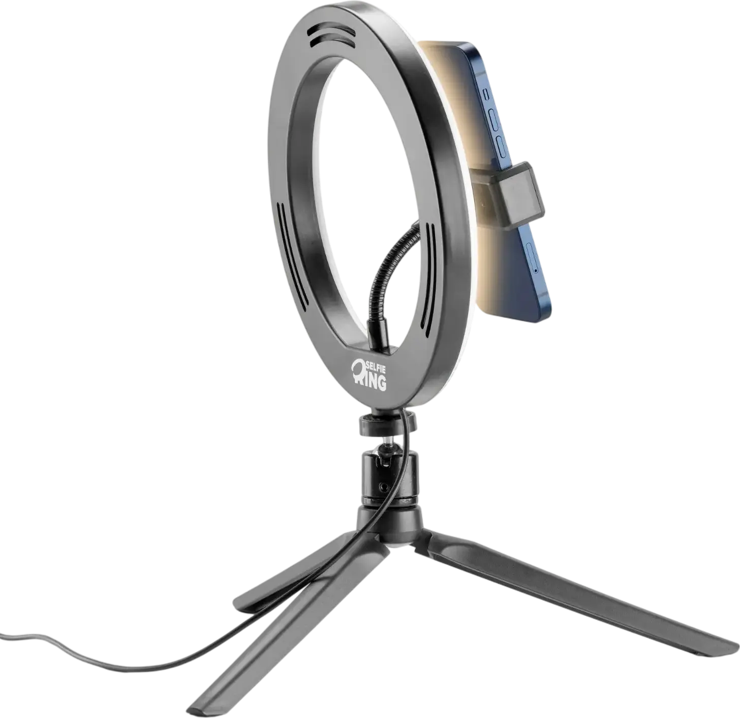 Cellularline Selfie Ring SELFIERINGK Inel LED cu Trepied, Diametru 8 inch, 3 Moduri de Iluminare, Alimentare USB, Suport Smartphone Rotabil, Negru