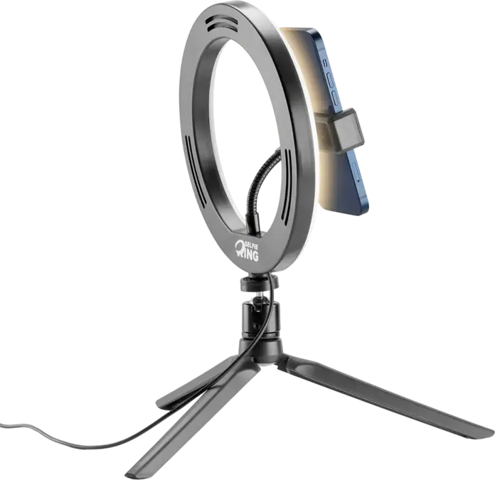 Cellularline Selfie Ring SELFIERINGK Inel LED cu Trepied, Diametru 8 inch, 3 Moduri de Iluminare, Alimentare USB, Suport Smartphone Rotabil, Negru