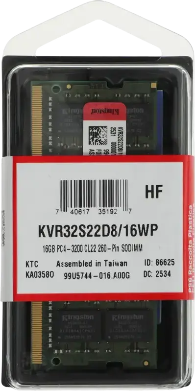 Kingston ValueRAM KVR32S22D8/16WP 16GB DDR4 3200MHz PC4-25600 CL22 260-Pin SO-DIMM Dual-Rank 2Rx8 1.2V Non-ECC Laptop Memory Module