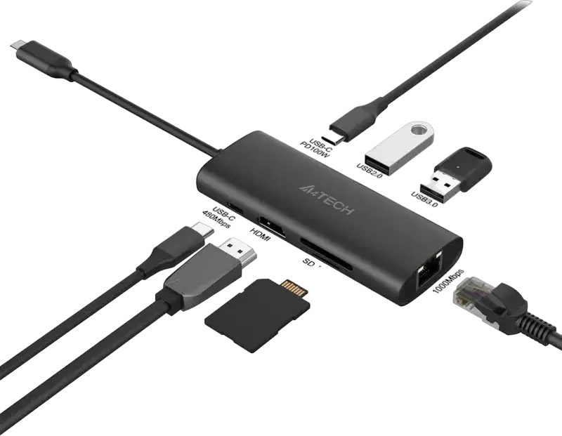 Hub A4Tech DST-80C 8-in-1 USB Type-C Docking Station, Aliaj Aluminiu, HDMI 4K, Ethernet Gigabit RJ45, Power Delivery 100W, Cititor Card SD/TF, Gri