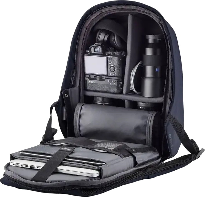 Rucsac Antifurt XD Design Bobby Hero XL, 21.5L, Albastru Închis, Material R-pet Reciclat, Compartiment Laptop 17" și Tabletă 12.9", Port USB, Protecție RFID