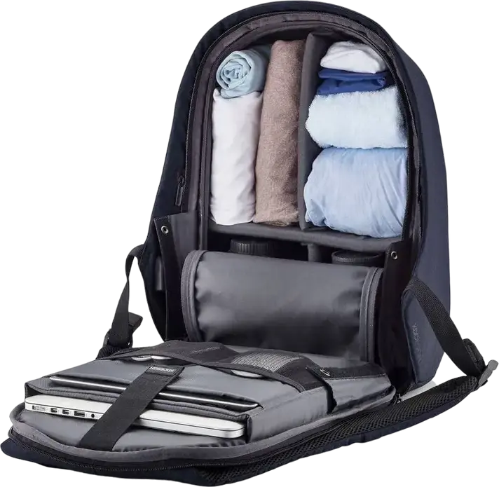 Rucsac Antifurt XD Design Bobby Hero XL, 21.5L, Albastru Închis, Material R-pet Reciclat, Compartiment Laptop 17" și Tabletă 12.9", Port USB, Protecție RFID